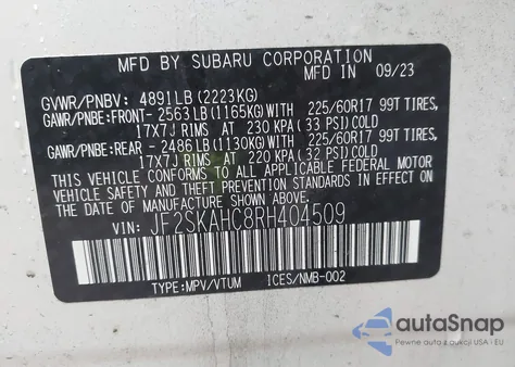 2024 Subaru Forester Wilderness z USA, uszkodzony, nr VIN JF2SKAHC8RH404509